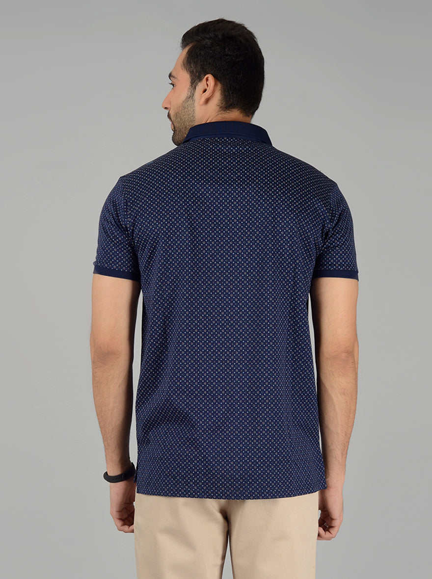 Navy Blue Printed Slim Fit Polo T-Shirt | JB Sport