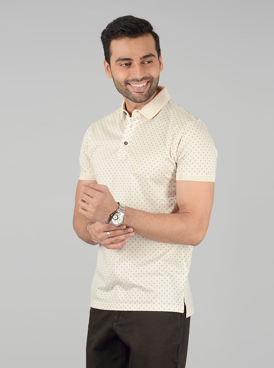 Cream Printed Slim Fit Polo T-Shirt | JB Sport