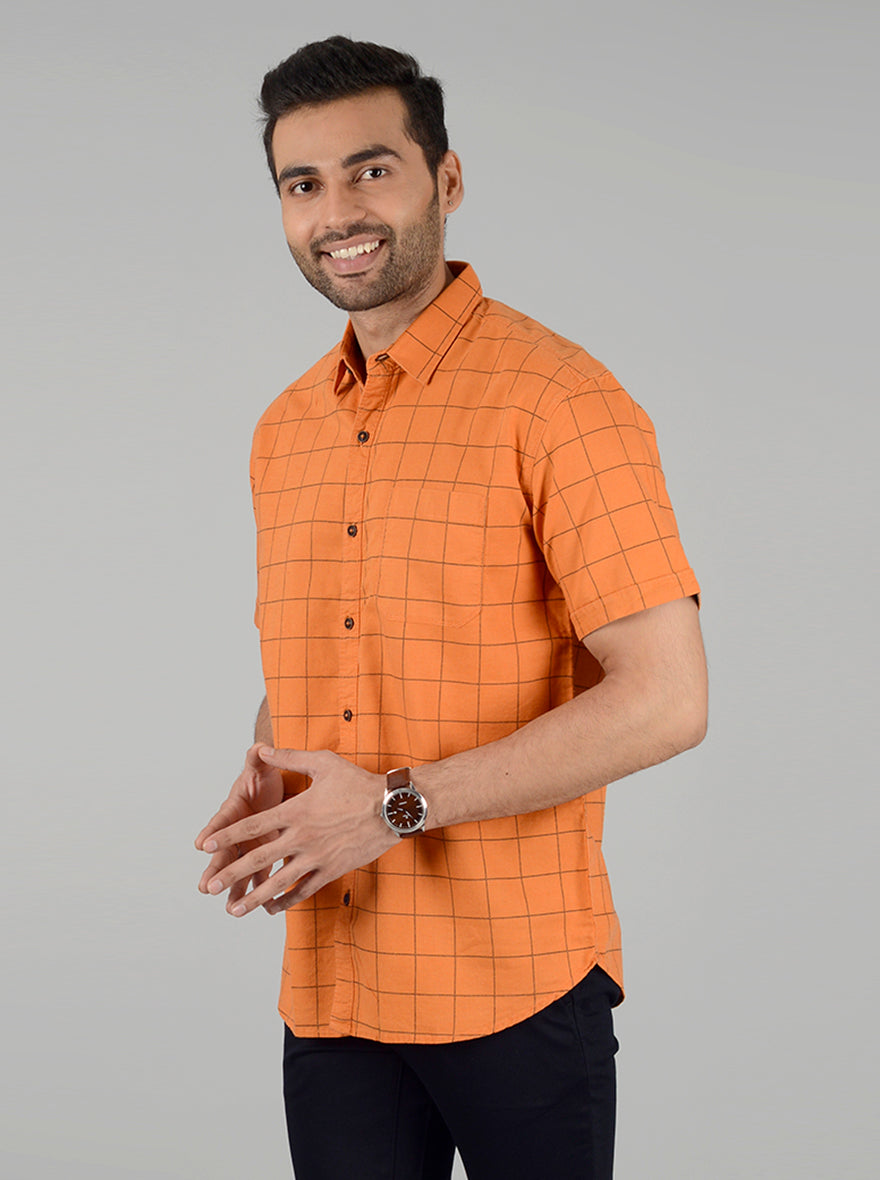 Rust and Orange Checked Slim Fit Casual Shirt | Greenfibre