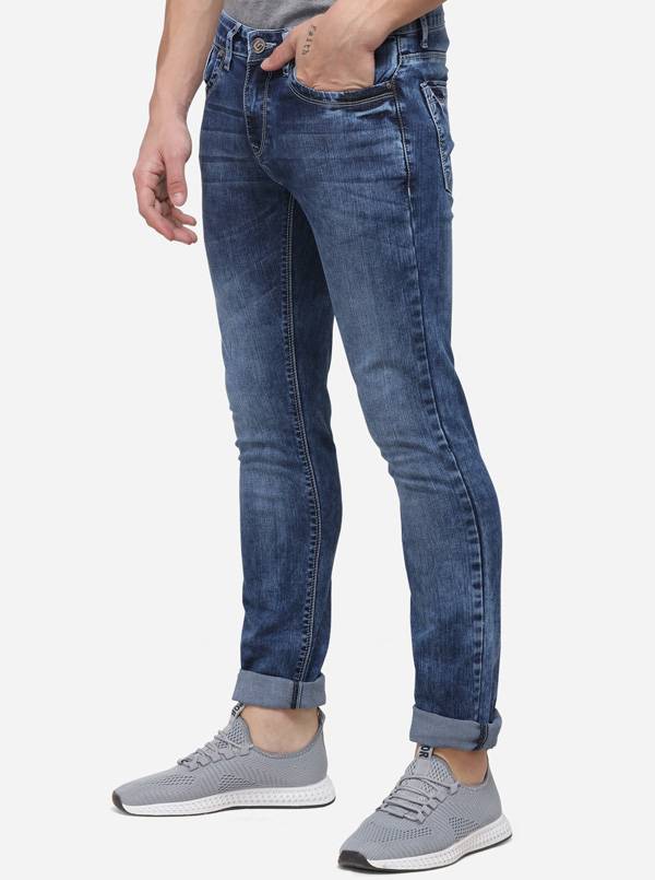 Dark Blue Narrow Fit Solid Jeans | Greenfibre