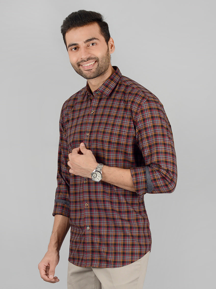 Maroon Checked Slim Fit Casual Shirt | JB Sport