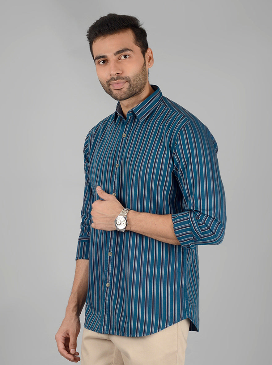 Ocean Blue Striped Slim Fit Casual Shirt | JB Sport