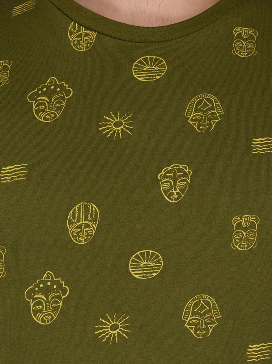 Olive Green Printed Slim Fit Round Neck T-Shirt | JB Sport