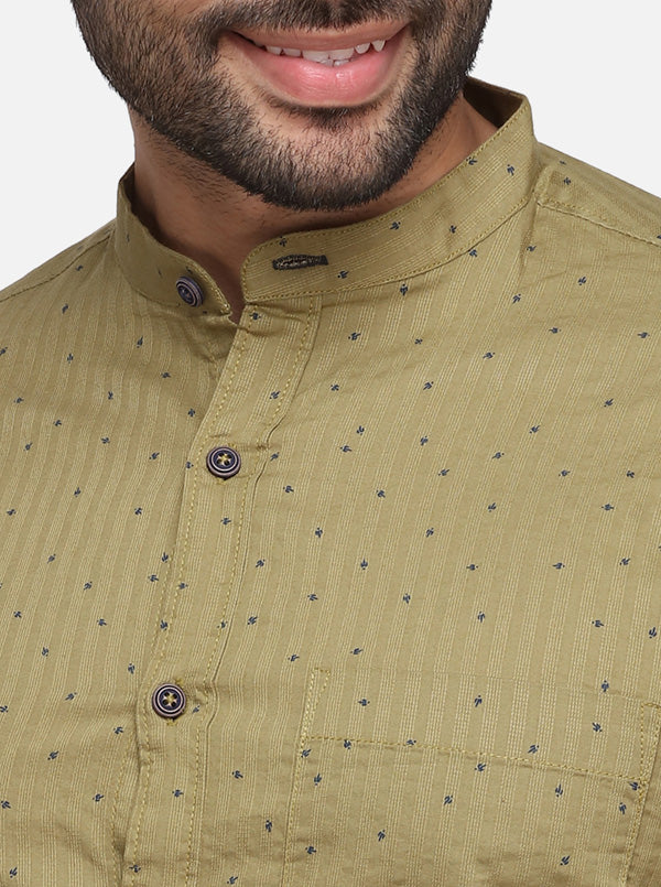 Olive Green Printed Slim Fit Casual Shirt | Greenfibre