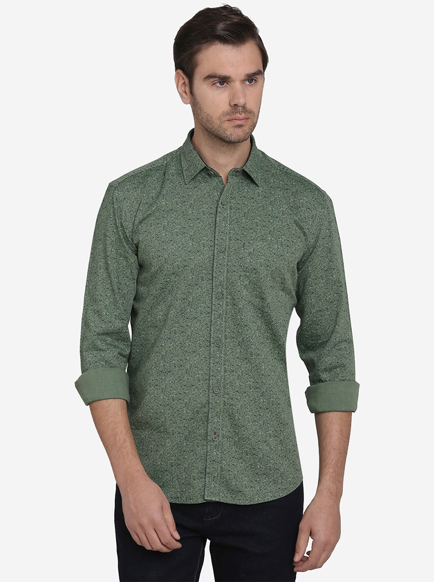 Grass Green Printed Slim Fit Casual Shirt | JadeBlue