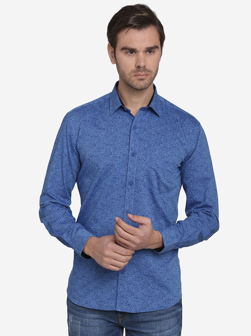 Ocean Blue Printed Slim Fit Casual Shirt | JadeBlue