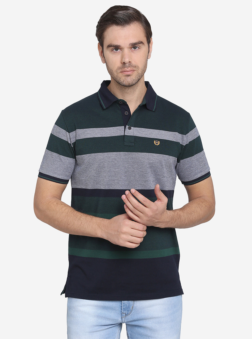 Grey & Green Striped Slim Fit Polo T-shirt | JadeBlue Sport
