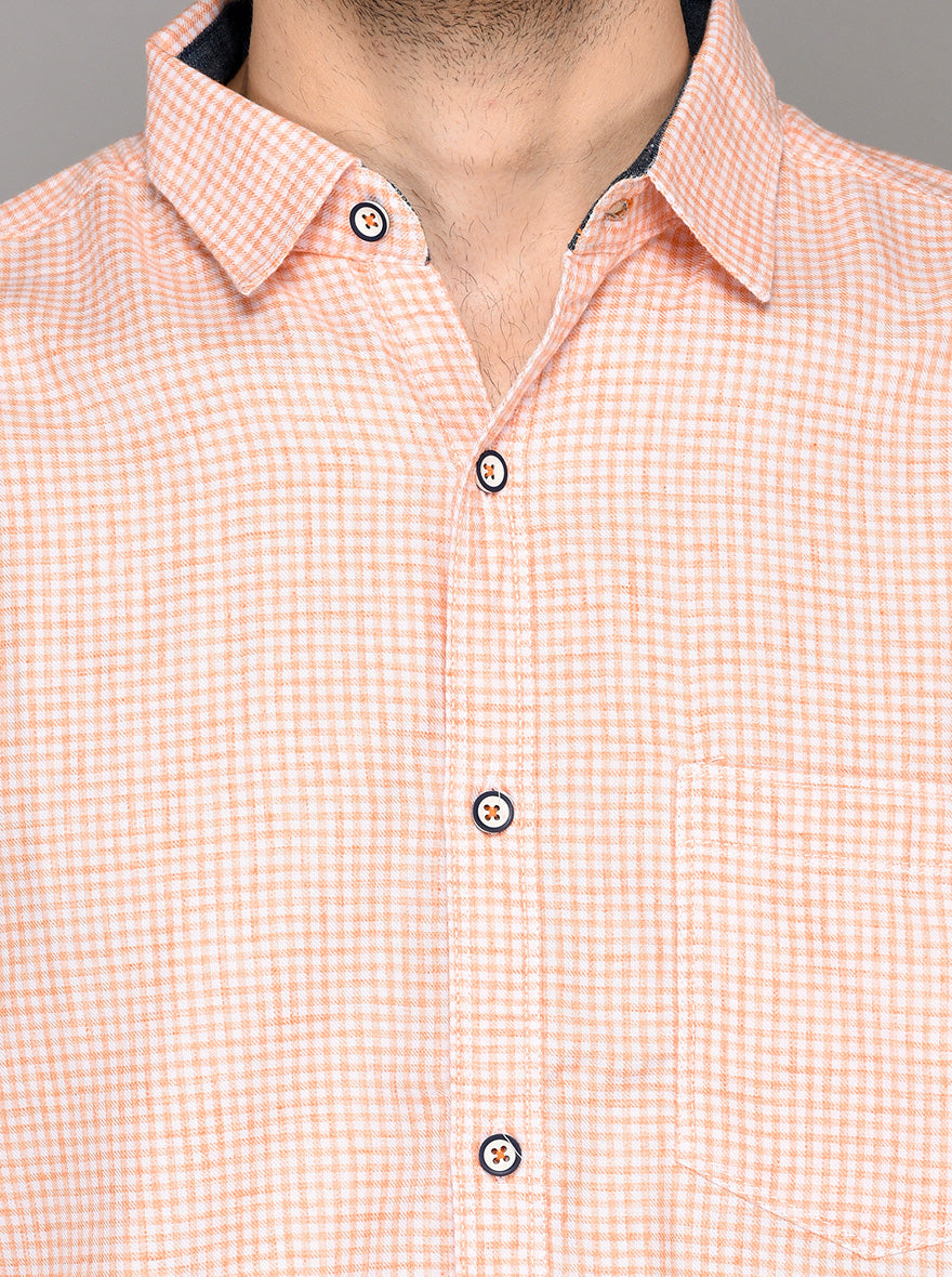 Greenfibre Peach Pink Checked Slim Fit Casual Shirt