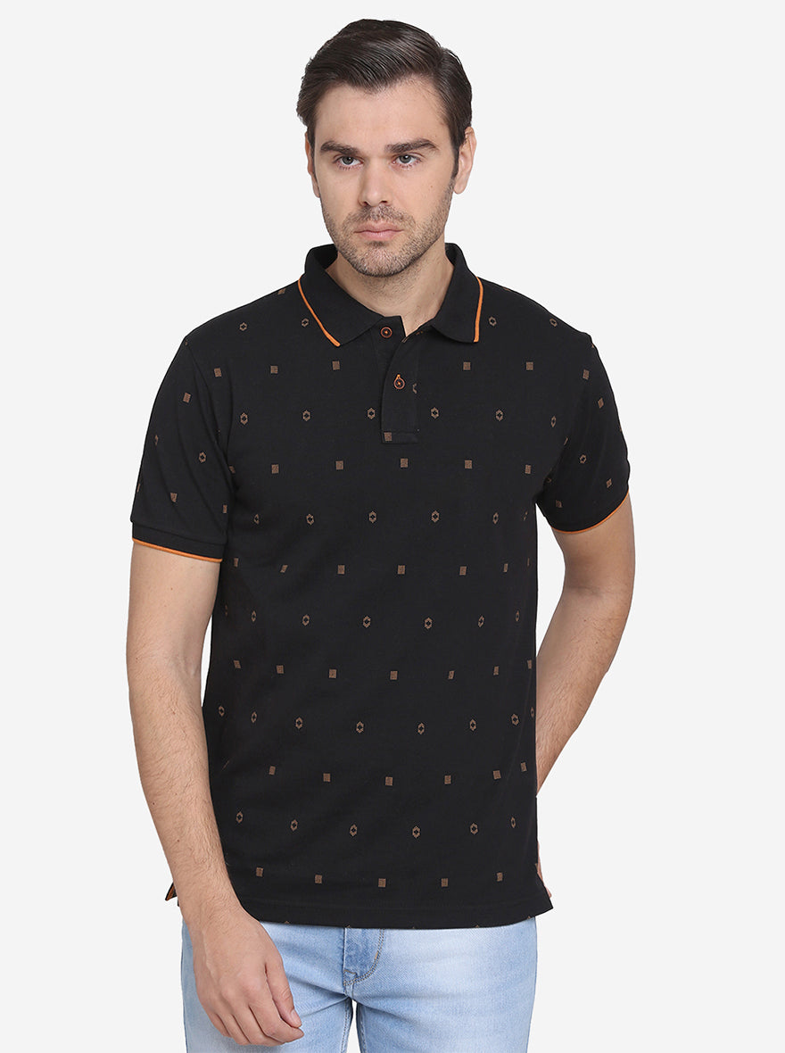 Black Printed Slim Fit Polo T-shirt | Greenfibre
