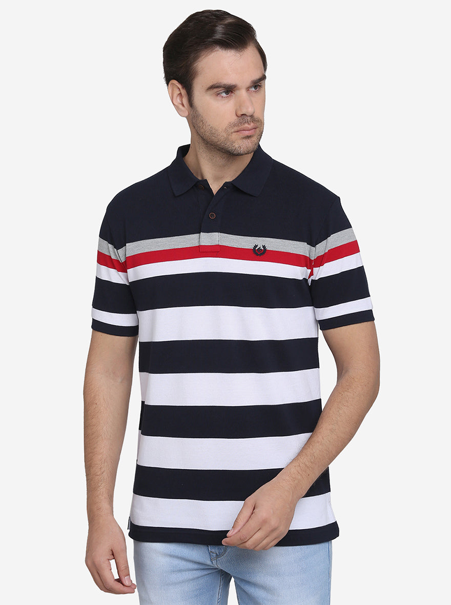 Navy Blue & White Striped Slim Fit Polo T-shirt | Greenfibre