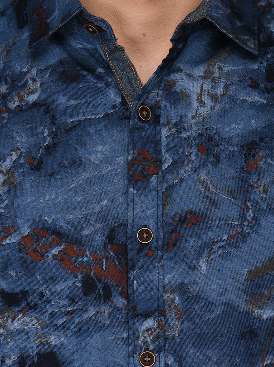 Greenfibre Blue Printed Slim Fit Casual Shirt