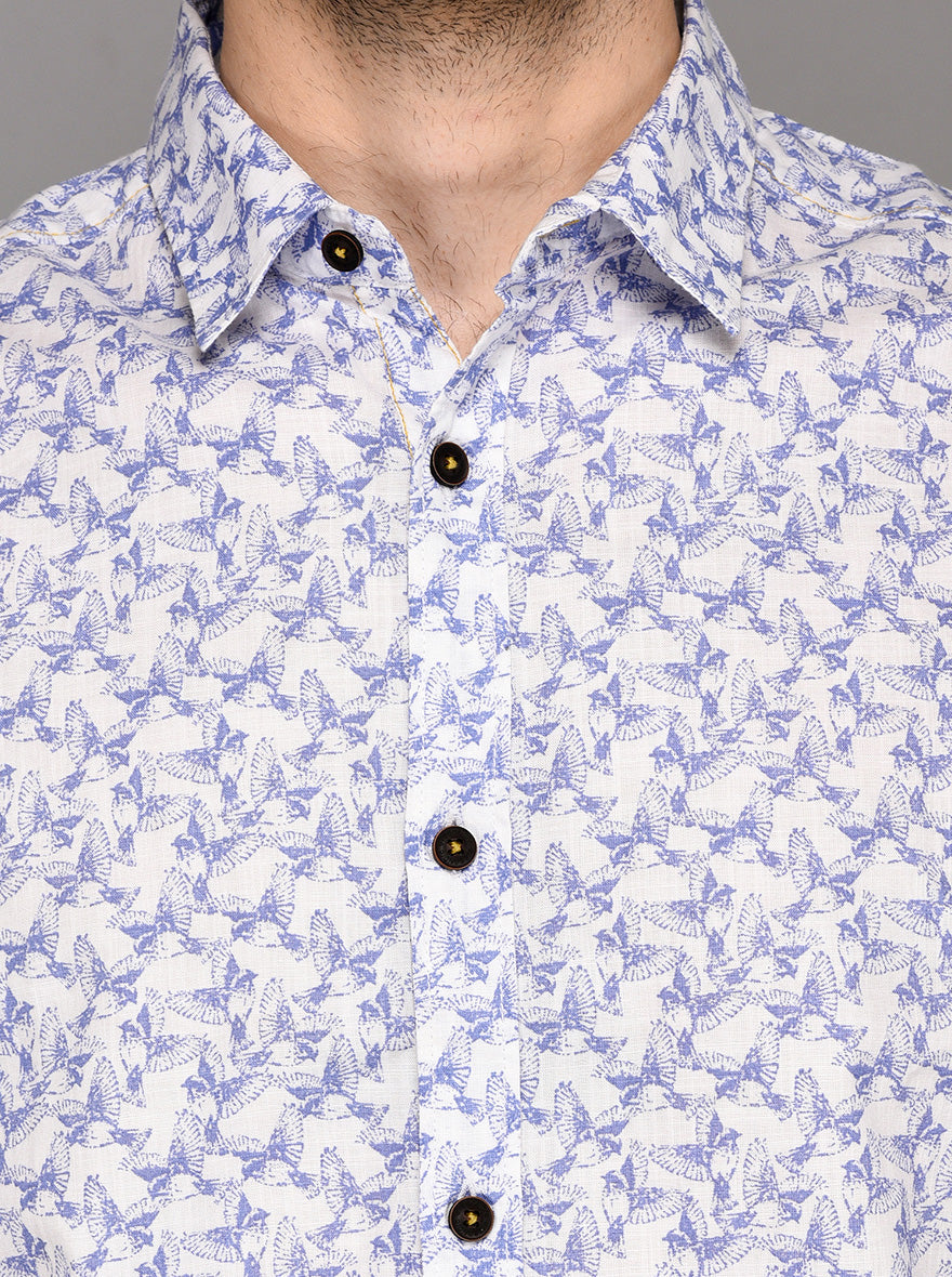 Greenfibre Blue Printed Slim Fit Casual Shirt