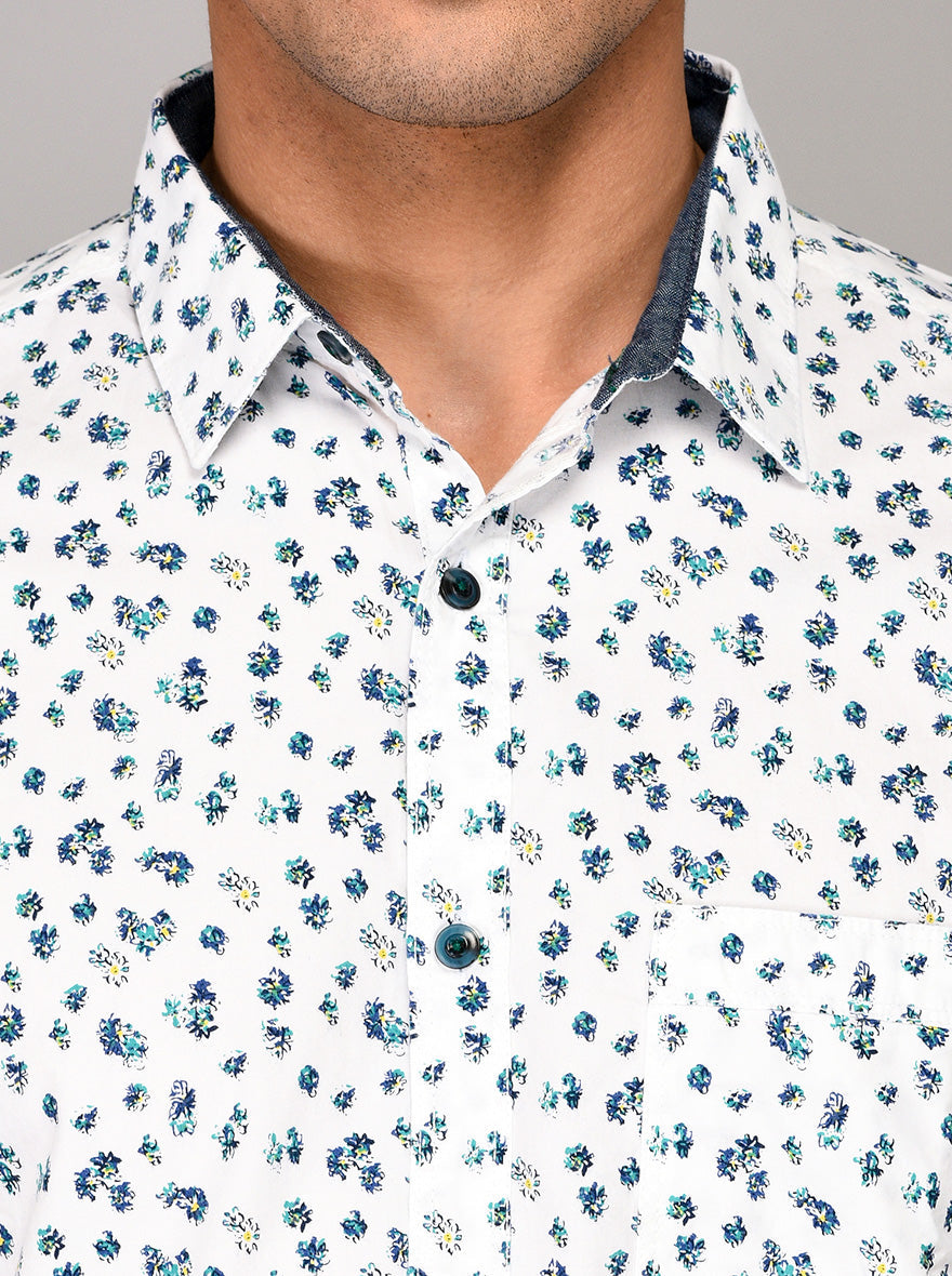 JB Sport White & Blue Printed Slim Fit Casual Shirt