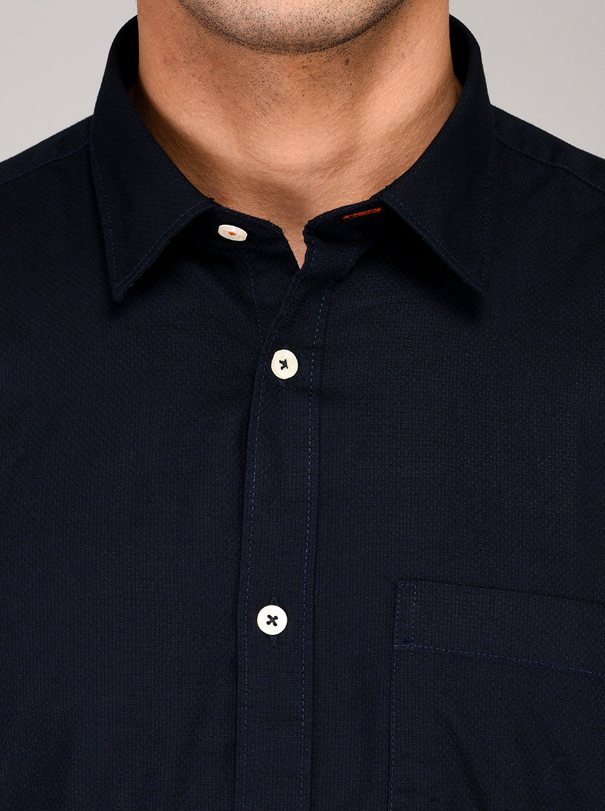 Greenfibre Navy Blue Self Textured Regular Fit Casual Shirt