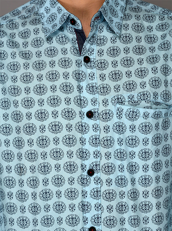 Greenfibre Light Blue Printed Slim Fit Casual Shirt