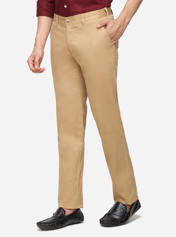 Khaki Solid Super Slim Fit Casual Trouser | Greenfibre