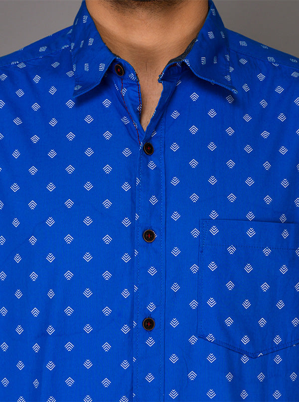 Greenfibre Bright Blue Printed Slim Fit Casual Shirt
