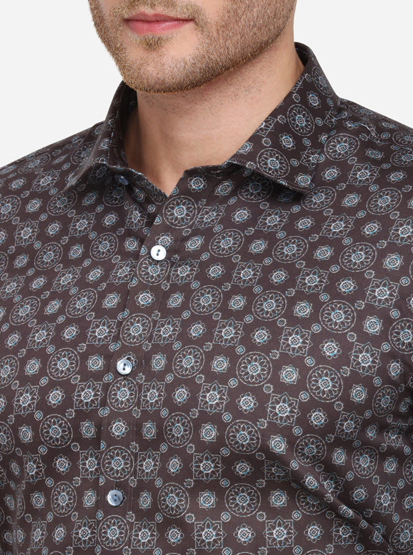 Brown Printed Slim Fit Party Wear Shirt | Wyre