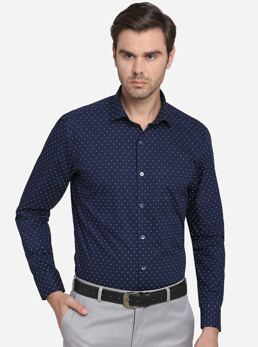 Navy Blue & White Printed Slim Fit Formal Shirt | Metal