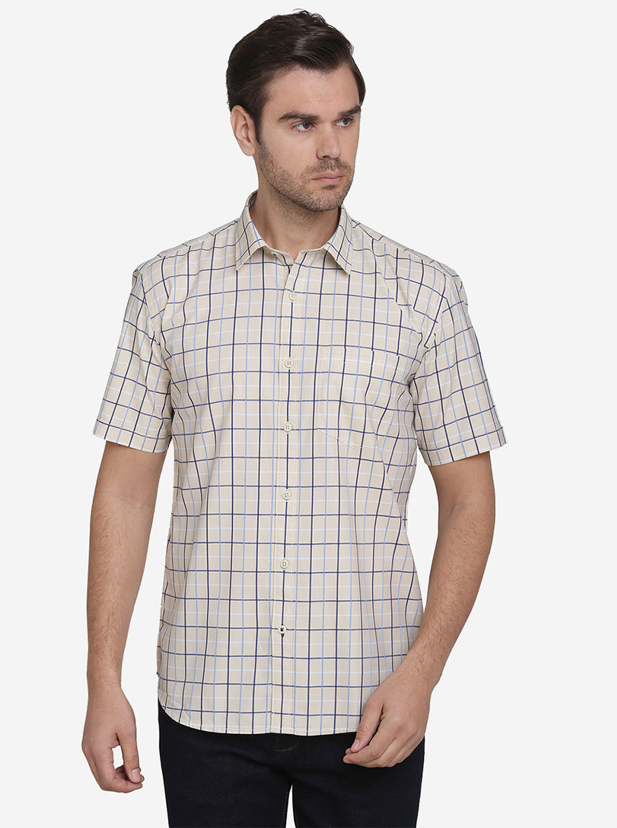 Cream & Blue Checked Regular Fit Casual Shirt | Greenfibre