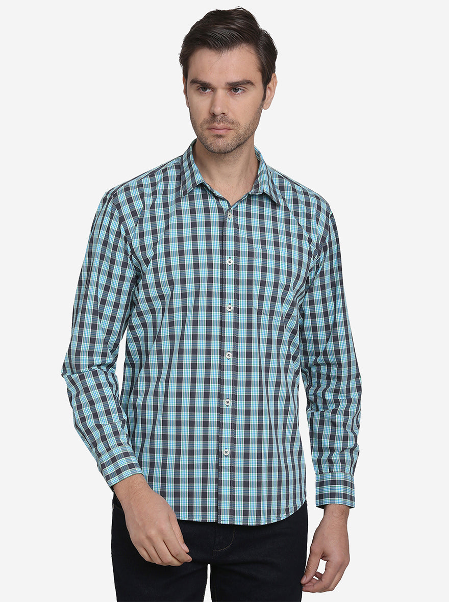 Green & Blue Checked Regular Fit Casual Shirt | Greenfibre