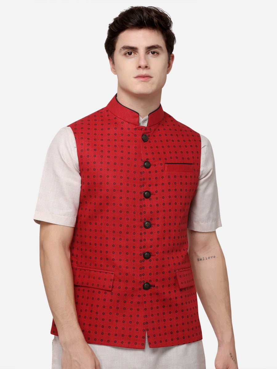 Red & Black Dotted Bandhgala Jacket | JB Studio