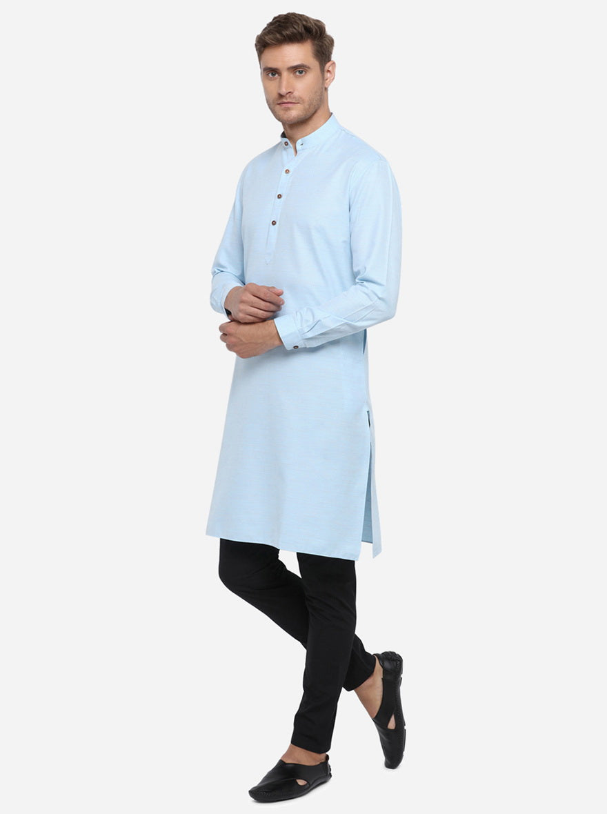 Ice Blue Self Design Regular Fit Modi Kurta | JadeBlue
