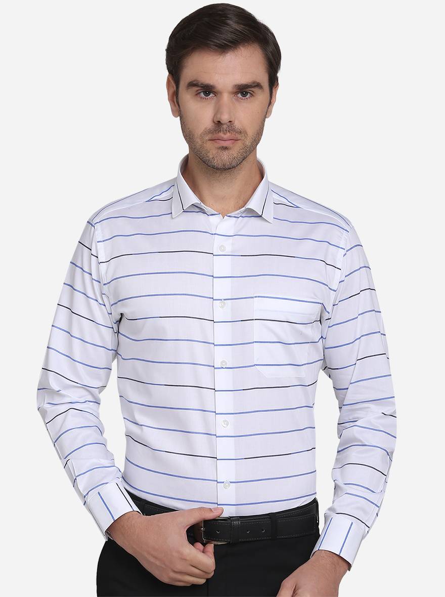 White & Blue Striped Slim Fit Formal Shirt | Metal