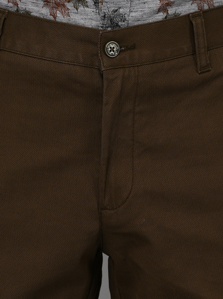 JadeBlue Olive Brown Self Textured Slim Fit Casual Trouser