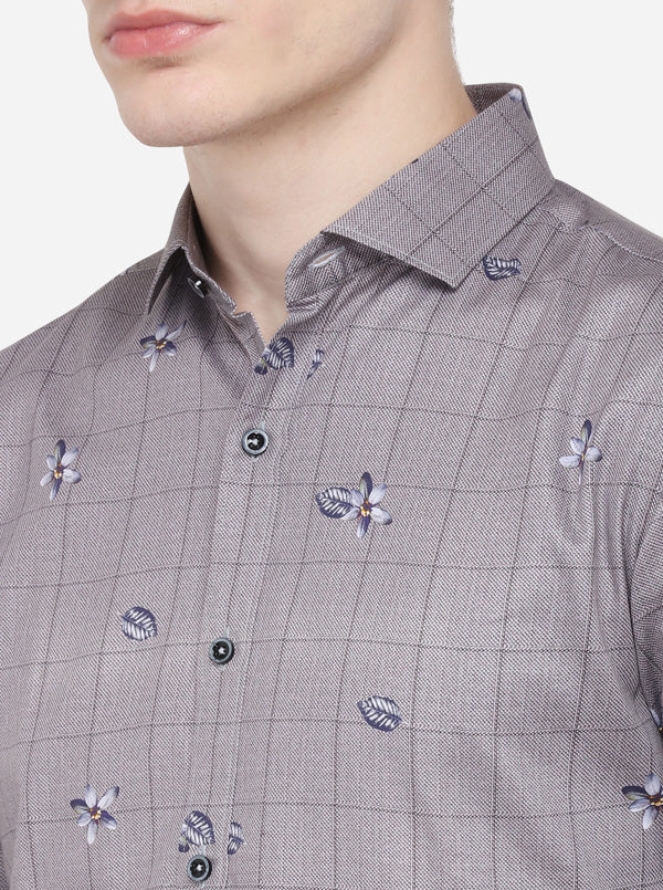 Grey & Blue Printed Slim Fit Party Wear Shirt | Wyre