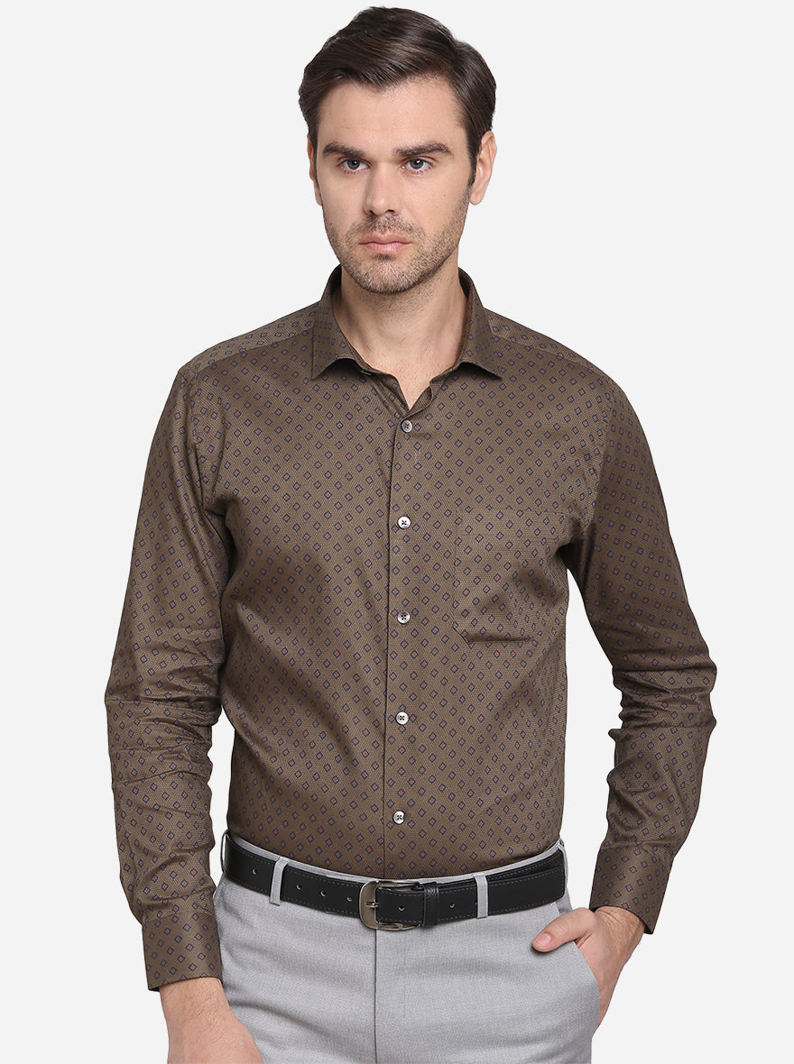 Brown Printed Slim Fit Formal Shirt | Metal