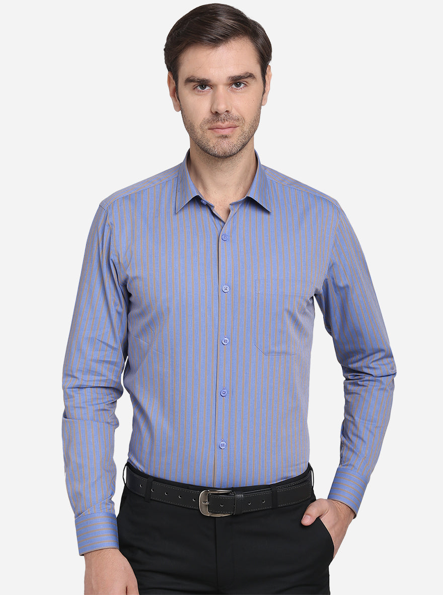 Blue & Mustard Striped Slim Fit Formal Shirt | JadeBlue