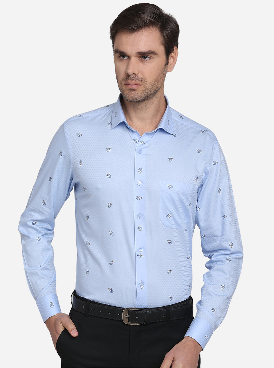 Sky Blue Printed Slim Fit Formal Shirt | Metal
