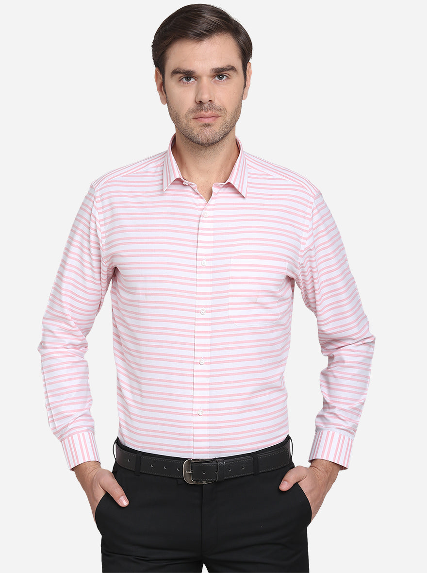 Pink & White Striped Slim Fit Formal Shirt | Greenfibre