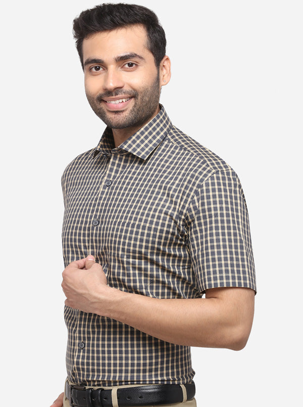 Dark Grey & Cream Checked Regular Fit Formal Shirt | JadeBlue