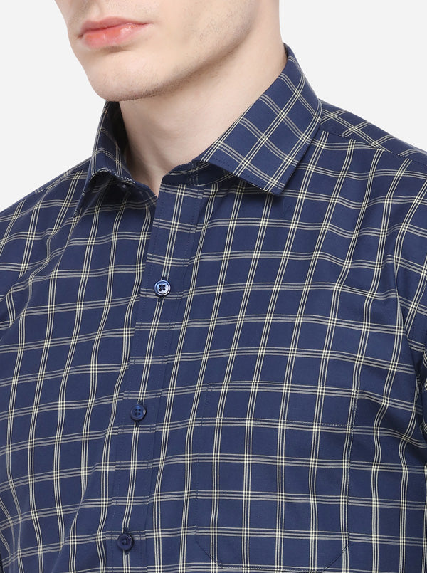 Navy Blue Checked Regular Fit Formal Shirt | Greenfibre