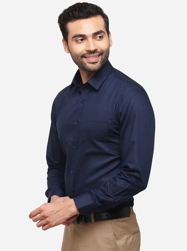 Navy Blue Printed Slim Fit Formal Shirt | Greenfibre