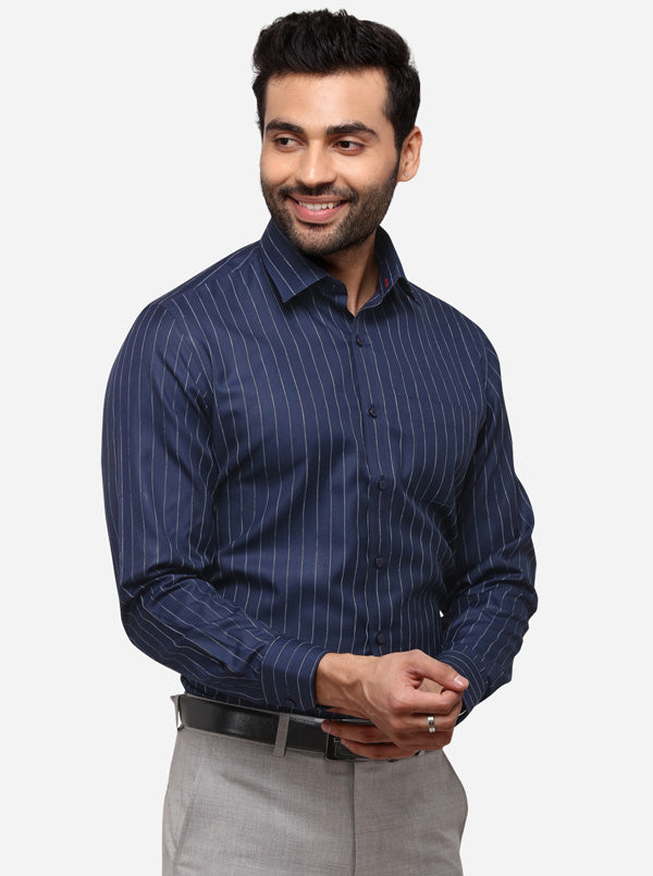 Navy Blue Striped Regular Fit Formal Shirt | Greenfibre