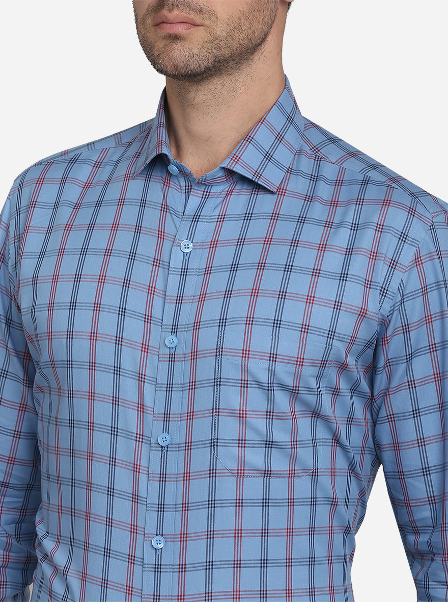 Steel Blue Checked Slim Fit Formal Shirt | JadeBlue