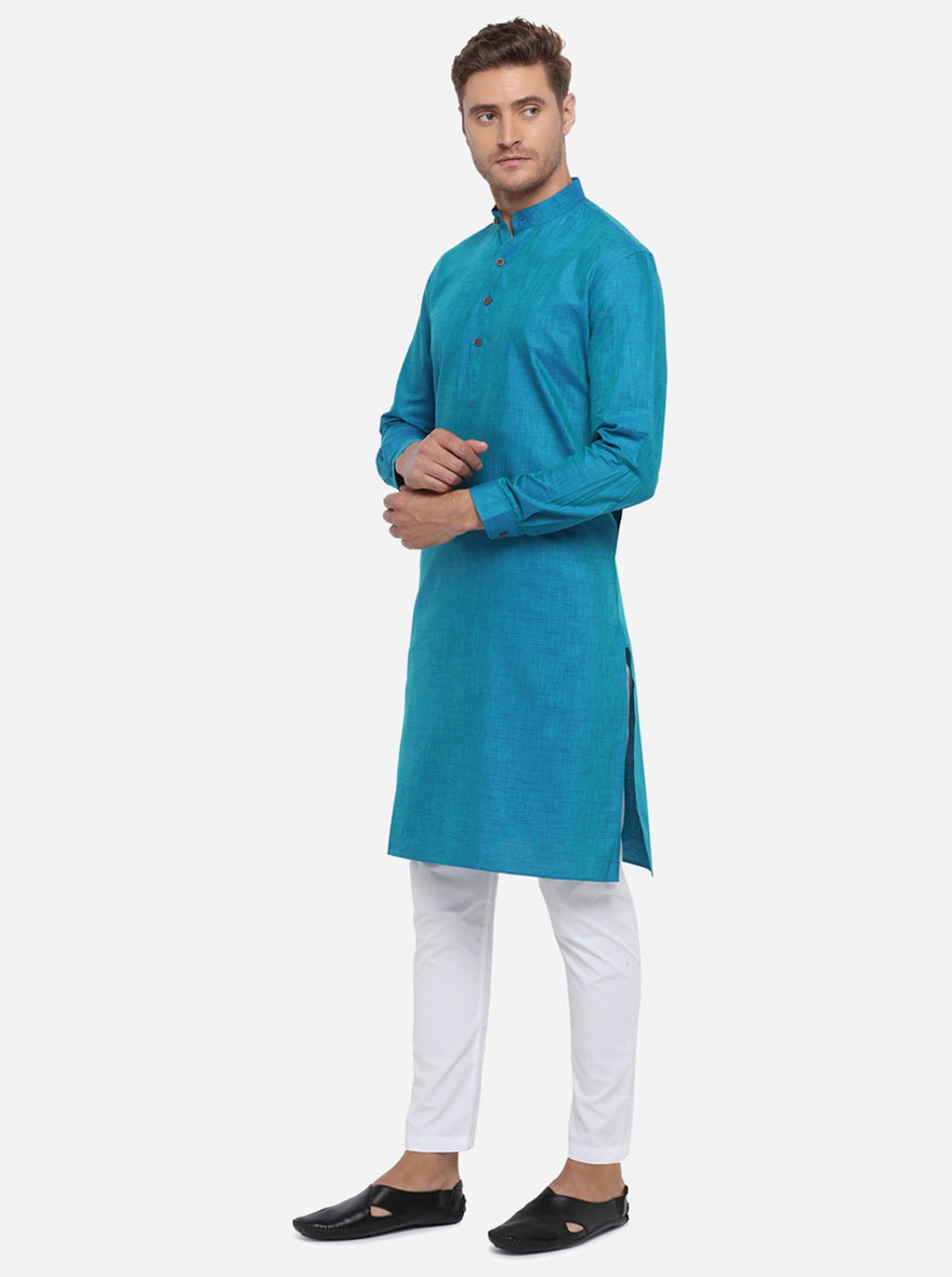 Ocean Blue Self Design Regular Fit Modi Kurta | JadeBlue