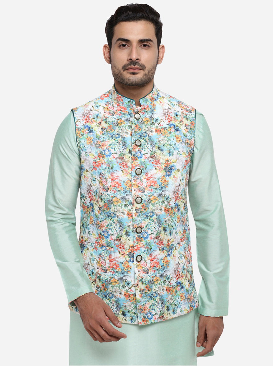 Pastel Green Kurta Set with Multicolour Bandhgala Jacket | Azania