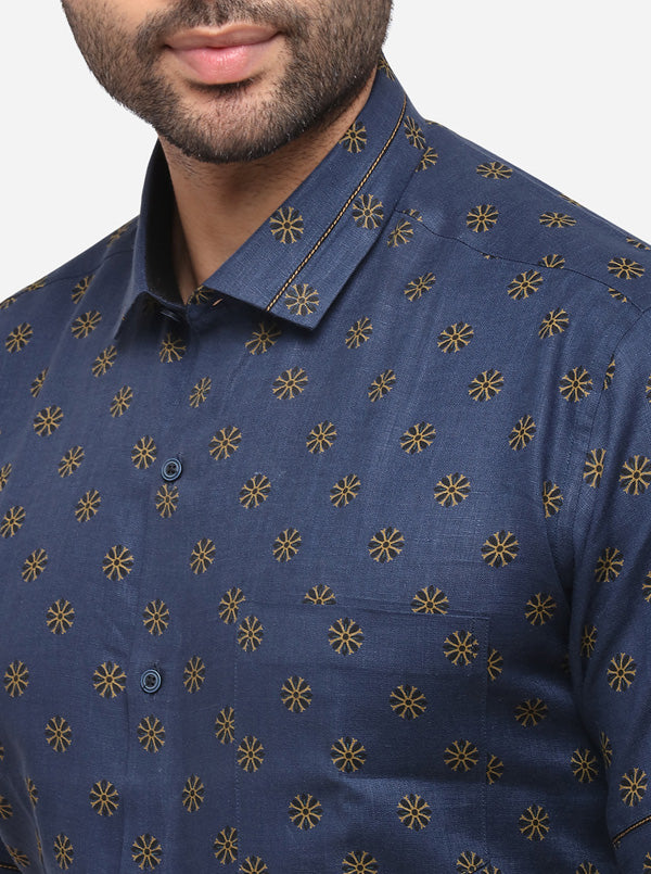 Navy Blue Printed Slim Fit Party Wear Shirt | JB Studio