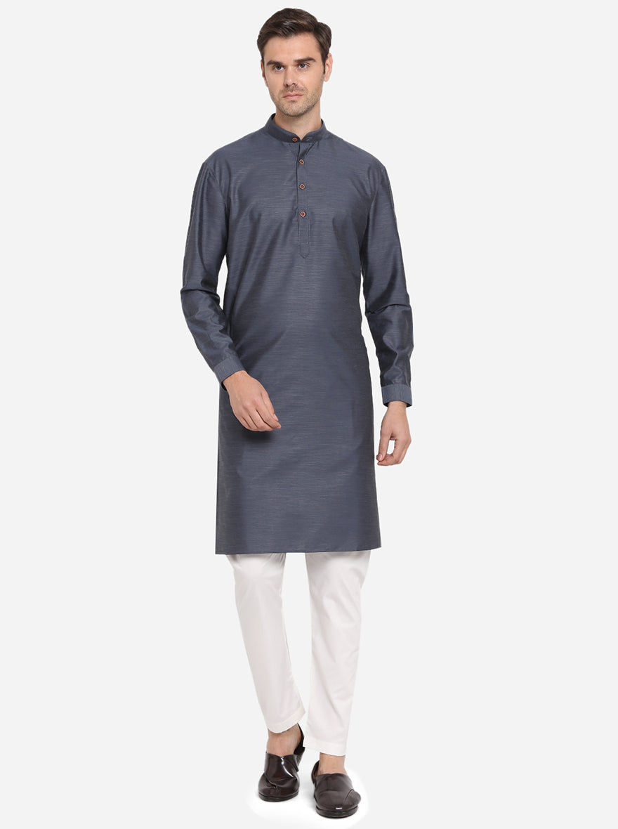 Blulish Grey Self Design Regular Fit Modi Kurta | JadeBlue