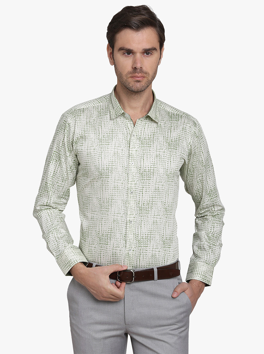 Cream & Green Printed Slim Fit Party Wear Shirt | JB Studio