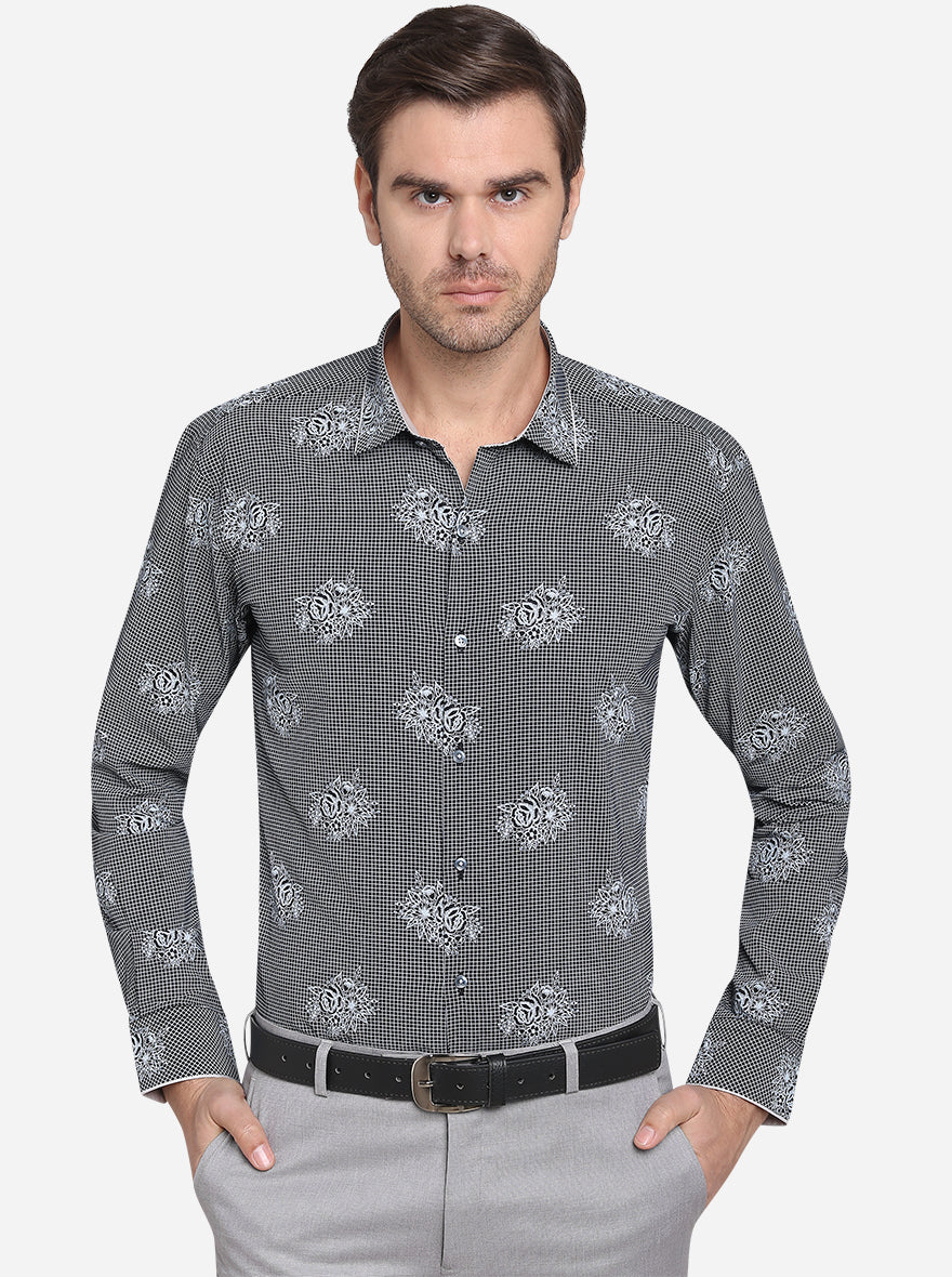 Black & Grey Printed Slim Fit Party Wear Shirt | JB Studio