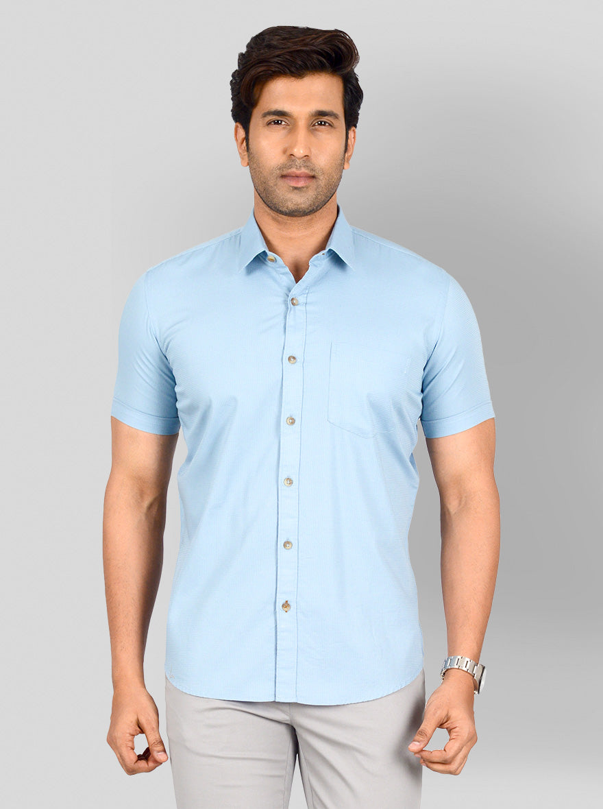 Sky Blue Self Textured Smart Fit Casual Shirt | Greenfibre