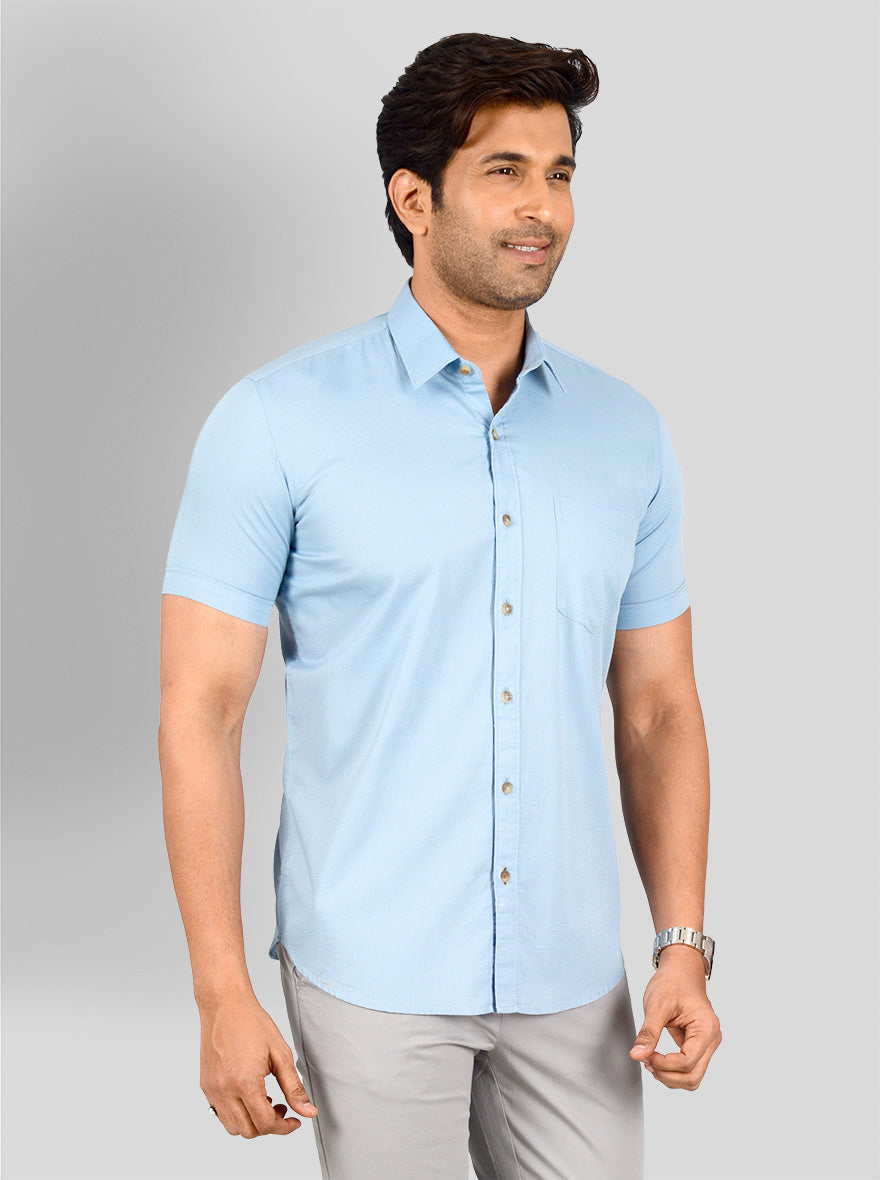 Sky Blue Self Textured Smart Fit Casual Shirt | Greenfibre