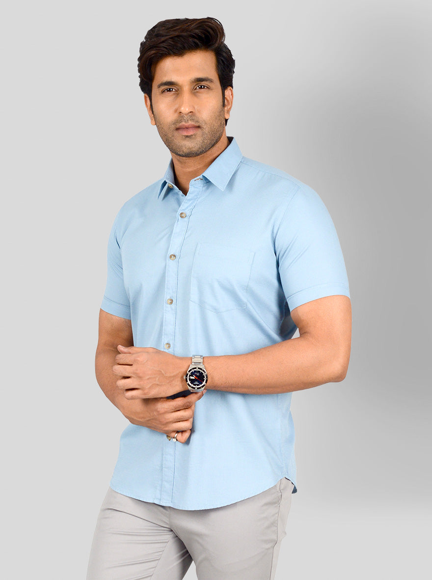 Sky Blue Self Textured Smart Fit Casual Shirt | Greenfibre