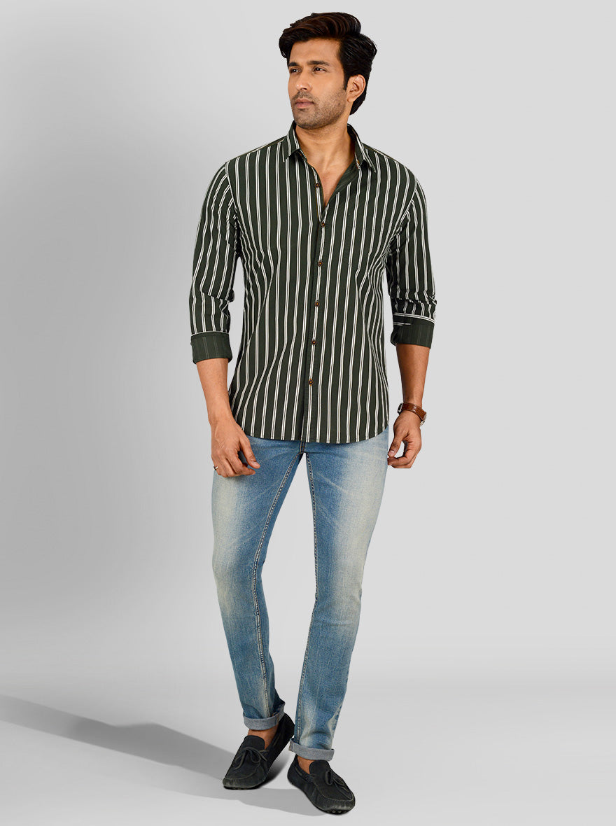 Bottle Green Striped Slim Fit Casual Shirt | Greenfibre