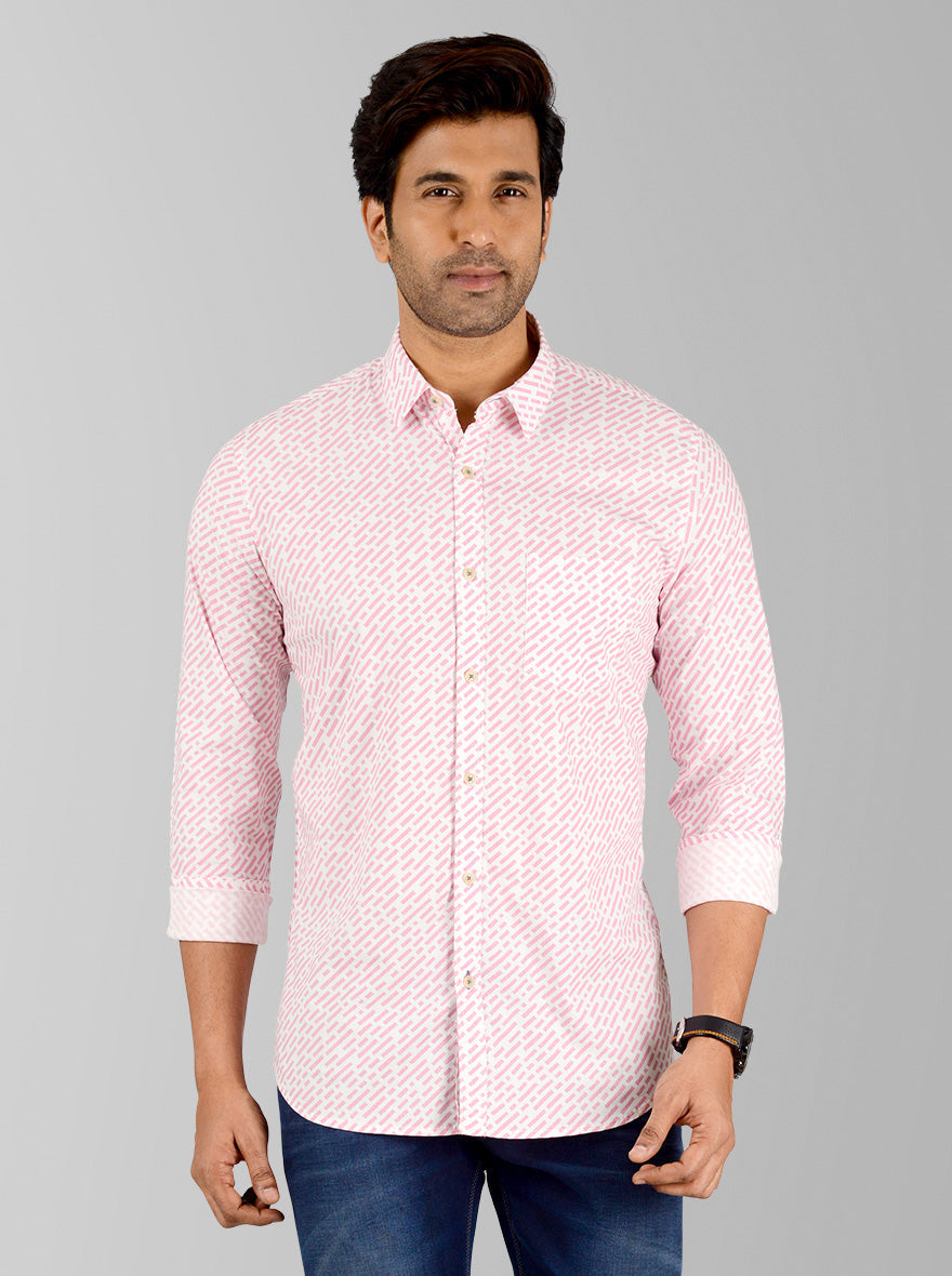 Powder Pink & White Printed Slim Fit Casual Shirt | JB Sport